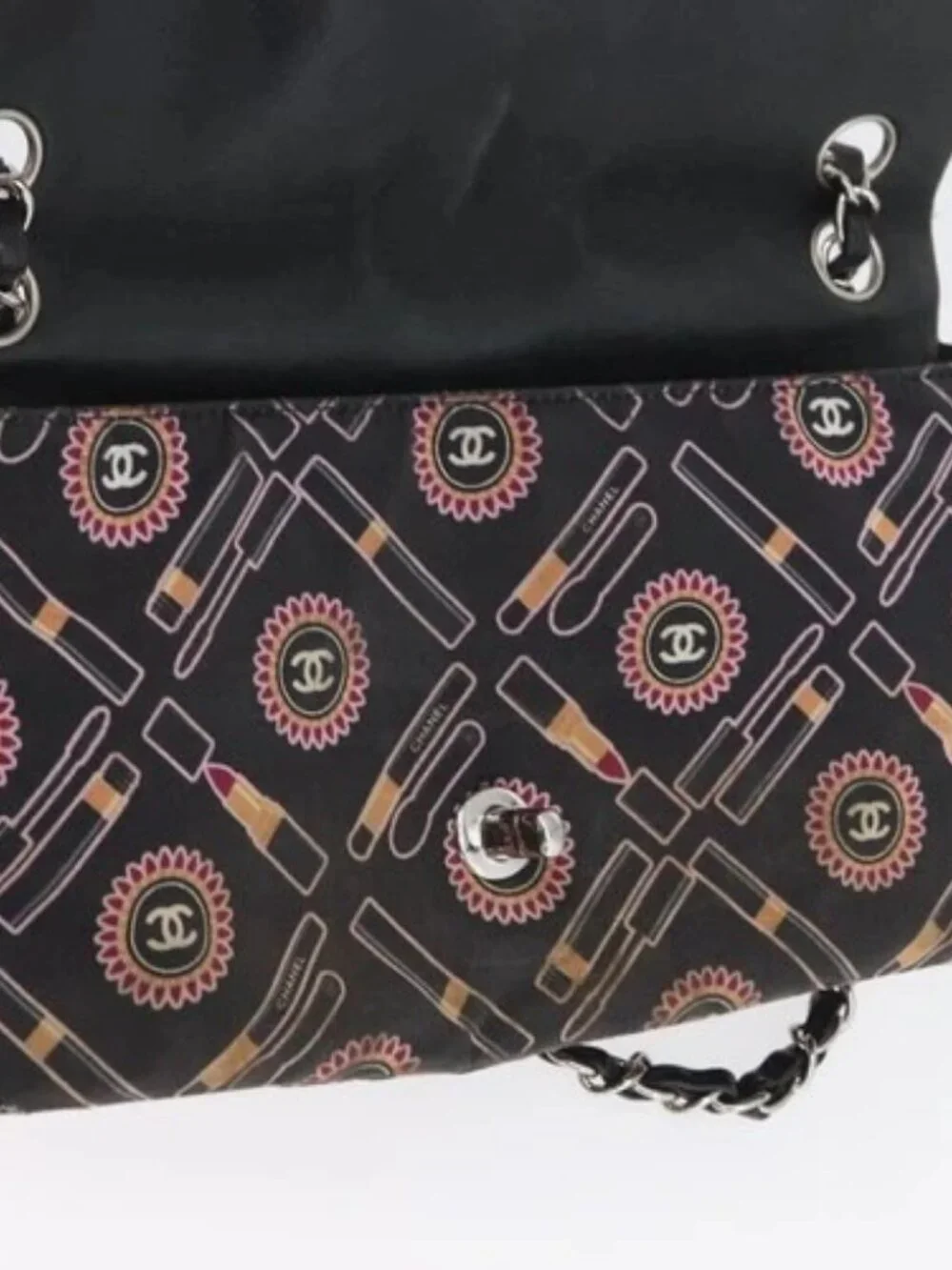 CHANEL Chain Shoulder Bag Satin Black Silver CC Auth ARZ448A